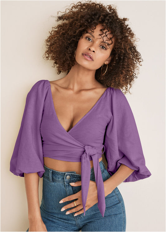 patterson-Linen Wrap Top - Purple